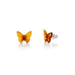 Butterfly Cognac color amber earrings on silver studs