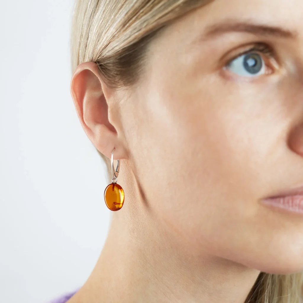 Cognac color oval shape drop amber earrings