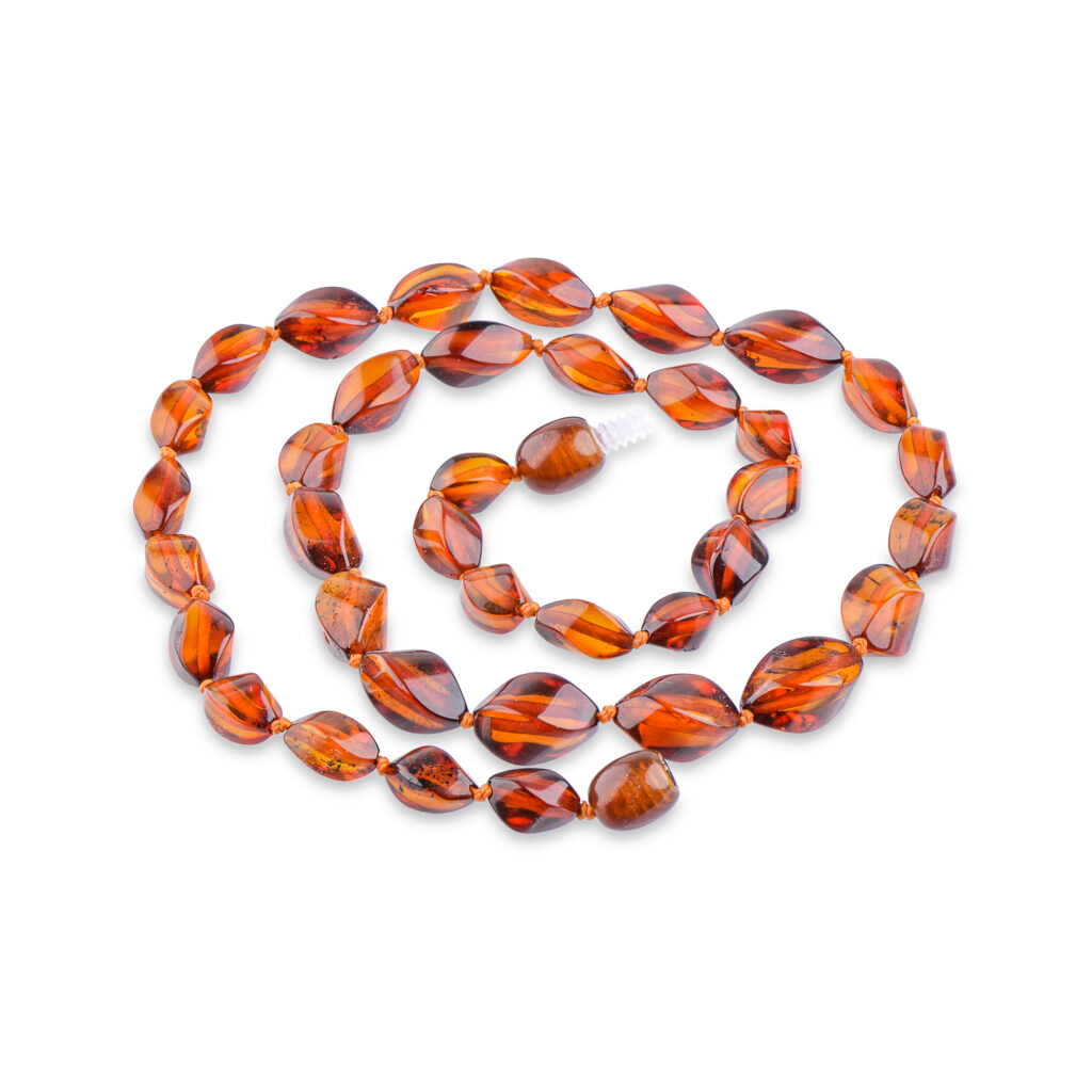 Cognac color amber necklace with curve shape beads